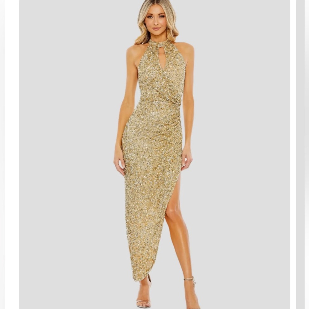 Mac Duggal Gold Sequin Halter Maxi Dress
